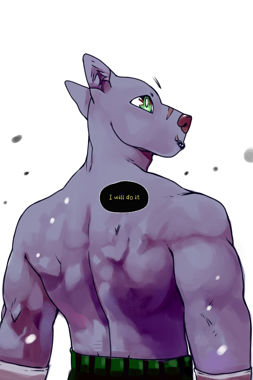 bastriw canid canine canis comic dialogue green_eyes hi_res male mammal muscular muscular_male nico_(bastriw) shirtless_male simple_background text white_background wolf