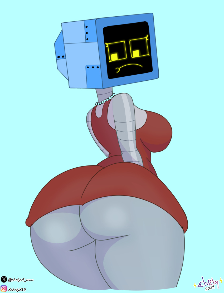 absurd_res big_butt breasts butt butt_focus chrly clothed clothing dress female for_a_head gem grey_body hi_res humanoid jewelry karen_plankton legwear looking_at_viewer looking_back machine necklace nickelodeon object_head pearl_(gem) pearl_necklace rear_view red_clothing red_dress robot robot_humanoid screen screen_face screen_head solo spongebob_squarepants thick_thighs thigh_highs
