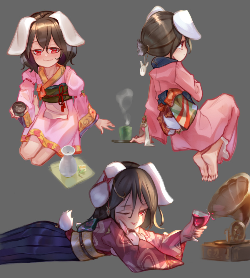 1girl alcohol animal_ears barefoot black_hair black_hakama blush choko_(cup) closed_mouth commentary cup drinking_glass english_commentary flat_chest floppy_ears full_body grey_background hair_between_eyes hakama hakama_skirt highres holding holding_cup inaba_tewi invisible_chair japanese_clothes kimono long_bangs looking_at_viewer lying medium_hair multiple_views on_stomach one_eye_closed open_mouth phonograph pink_kimono rabbit rabbit_ears rabbit_girl rabbit_tail red_eyes sake seiza simple_background sitting skirt smile tail tea tlobtr tokkuri touhou wine wine_glass yunomi