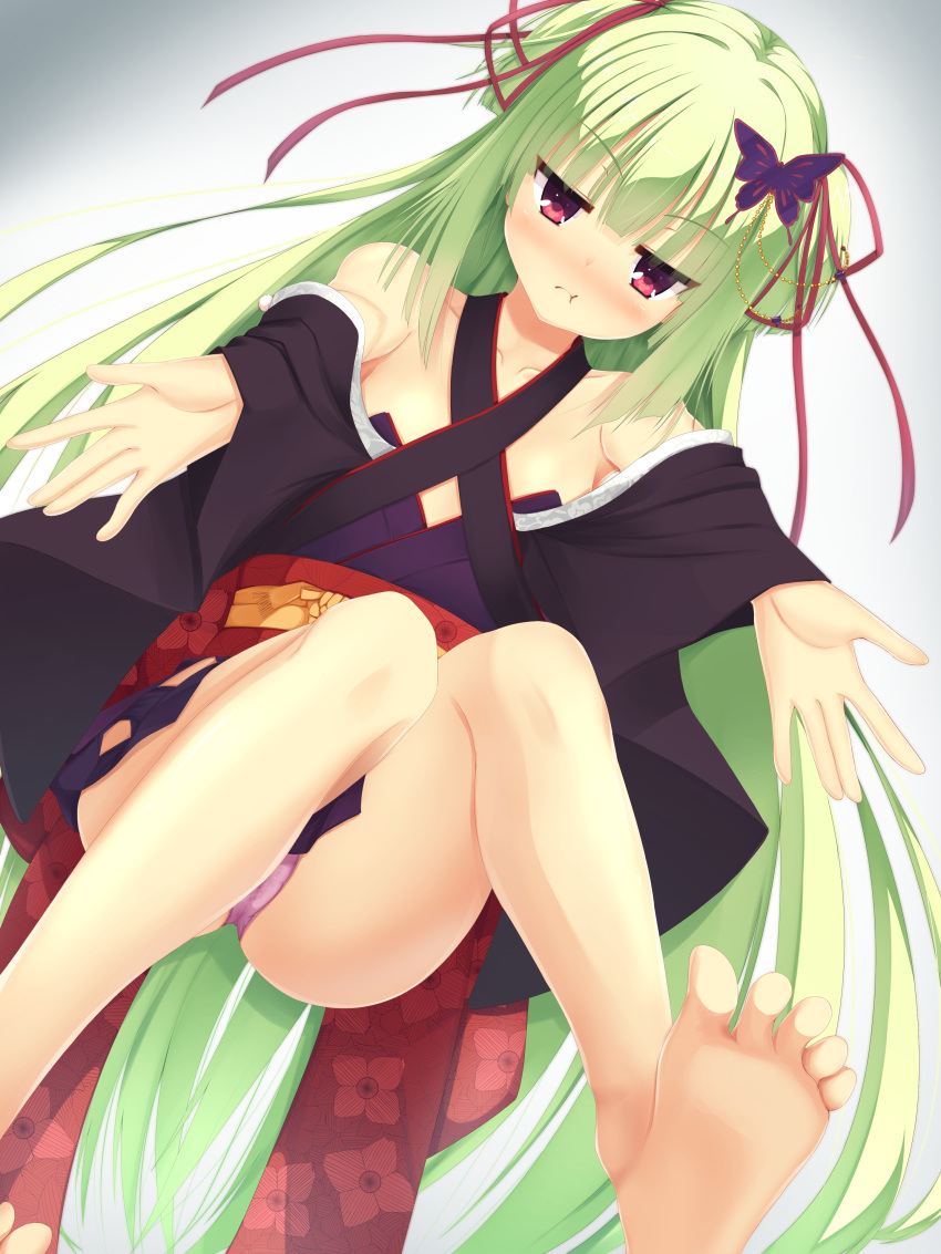 1girl :t \||/ absurdres bare_legs bare_shoulders barefoot black_kimono blunt_bangs blunt_ends blush breasts butterfly_hair_ornament closed_mouth collarbone commentary_request commission criss-cross_halter embarrassed feet foot_out_of_frame frown green_hair grey_background hair_ornament hair_ribbon halterneck highres hime_cut incoming_hug japanese_clothes jitome kimono knees_together_feet_apart legs legs_up long_hair long_sleeves looking_at_viewer lying murasame_(senren) nose_blush on_back outstretched_arms panties panty_peek pink_panties pom_pom_(clothes) pout red_eyes red_ribbon reiji_tsukimi ribbon senren_banka short_kimono sidelocks simple_background small_breasts soles solo straight_hair thighs toes two_side_up underwear v-shaped_eyebrows very_long_hair wide_sleeves