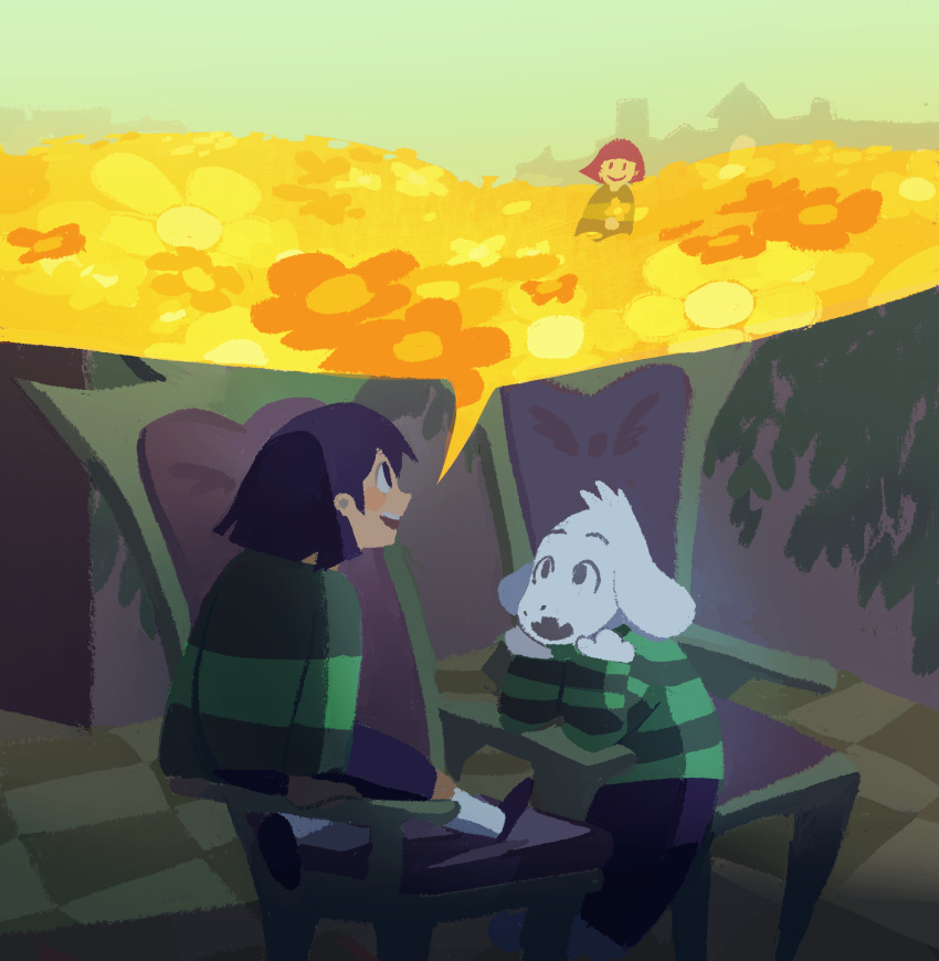 1boy 1other animal_ears asriel_dreemurr brown_hair chair chara_(undertale) commentary english_commentary flower furry furry_male green_shirt highres indoors looking_at_another mutie_(timestables) open_mouth shirt short_hair sitting smile striped_clothes striped_shirt undertale yellow_flower