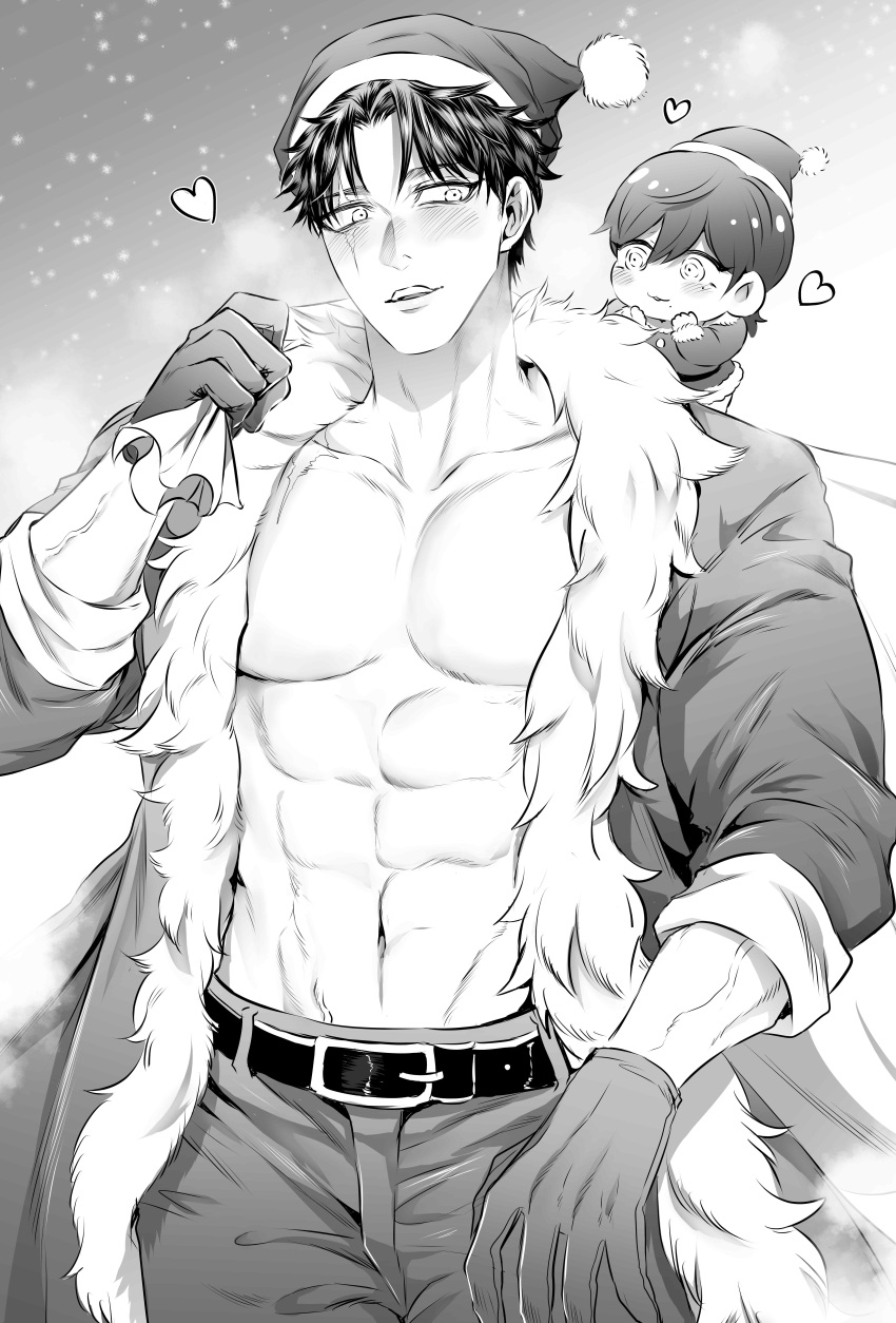 2boys abs absurdres bara belt blush chibi fur-trimmed_jacket fur_trim gloves greyscale hat heart highres holding holding_sack jacket large_pectorals looking_at_another male_focus monochrome multiple_boys muscular muscular_male navel open_clothes open_jacket open_mouth original pants pectorals sack santa_costume santa_hat short_hair smile sny_yrd67