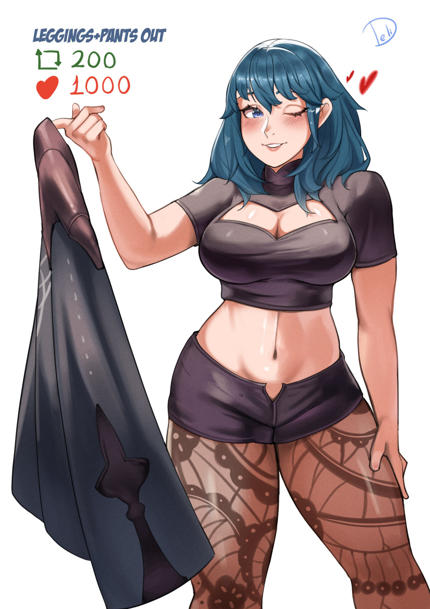 1girl absurdres black_shirt black_shorts blue_eyes blue_hair blush breasts byleth_(female)_(fire_emblem) byleth_(fire_emblem) cleavage cleavage_cutout clothing_cutout commentary crop_top deliciousbrain feet_out_of_frame fire_emblem fire_emblem:_three_houses grin hand_up highres large_breasts long_hair looking_at_viewer midriff navel one_eye_closed pantyhose pantyhose_under_shorts shirt short_shorts short_sleeves shorts simple_background smile solo standing stomach white_background