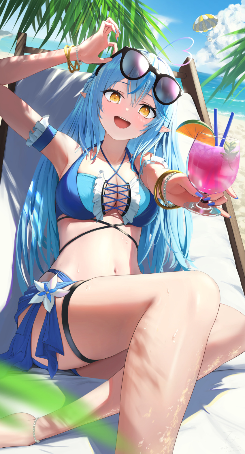 1girl absurdres ahoge beach bikini blue_bikini blue_hair blue_nails bracelet breasts cleavage cocktail_glass cup drinking_glass eyewear_on_head heart heart_ahoge highres hololive jewelry long_hair navel ocean pointy_ears sunglasses swimsuit thighs torjun_111 virtual_youtuber wet yellow_eyes yukihana_lamy yukimin_(yukihana_lamy)