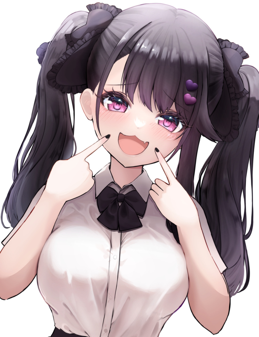 1girl :d absurdres alternate_costume azur_lane black_bow black_bowtie black_hair black_nails blush bow bowtie breasts brown_hair casual collared_shirt fang fingers_to_mouth gokusei hair_between_eyes hair_bow hair_ornament hair_over_one_eye hairpin hands_up happy heart heart_hair_ornament highres large_breasts long_hair medium_breasts nail_polish pamiat_merkuria_(azur_lane) pink_eyes pointing pointing_at_mouth pointing_at_self school_uniform shirt smile solo twintails upper_body white_shirt