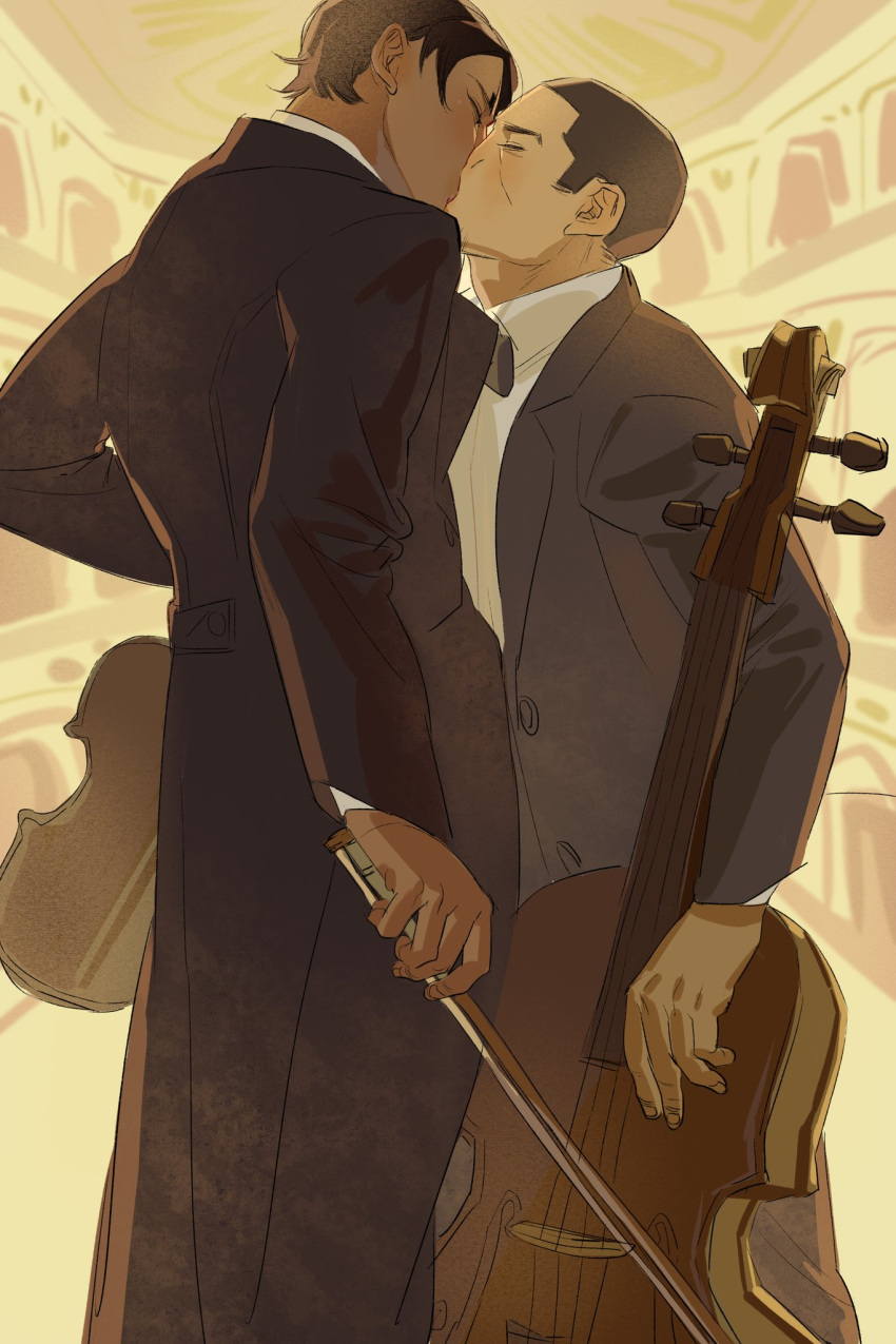 2boys bow bowtie brown_bow brown_bowtie brown_coat brown_hair cello chengongzi123 closed_eyes coat collared_shirt dark-skinned_male dark_skin facing_another golden_kamuy hand_up highres holding holding_instrument holding_violin indoors instrument kiss koito_otonoshin long_sleeves male_focus multiple_boys shirt short_hair standing tsukishima_hajime very_short_hair violin yaoi