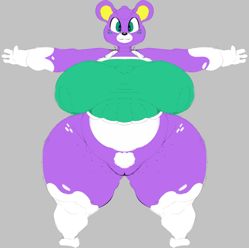 absurd_res animal_crossing anthro bear big_breasts bottomless bottomless_anthro bottomless_female breasts clothed clothing female freckles fur genitals hi_res mammal megan_(animal_crossing) model_sheet multicolored_body multicolored_fur nintendo ponk purple_body purple_fur pussy solo t-pose thick_thighs two_tone_body two_tone_fur