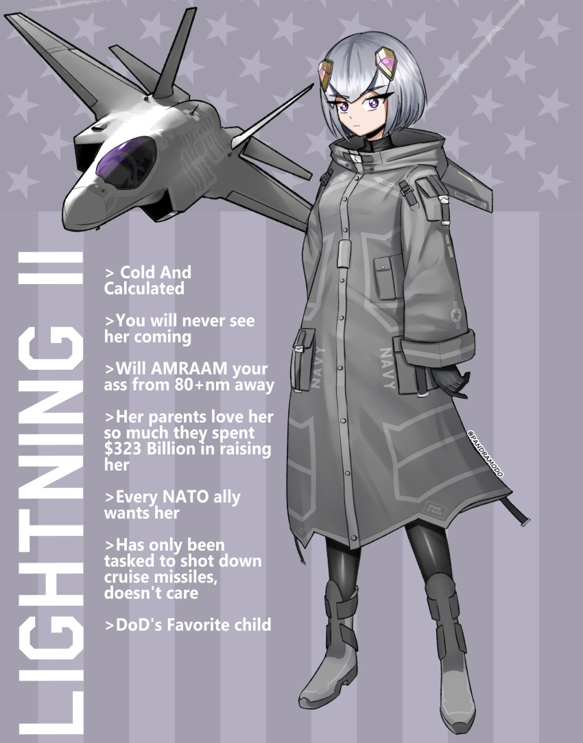 1girl absurdres aircraft artist_name black_gloves closed_mouth english_text expressionless f-35_lightning_ii full_body gloves grey_hair headgear highres hood hood_down long_sleeves looking_at_viewer mecha_musume military_vehicle original pandramodo purple_eyes short_hair solo standing twitter_username