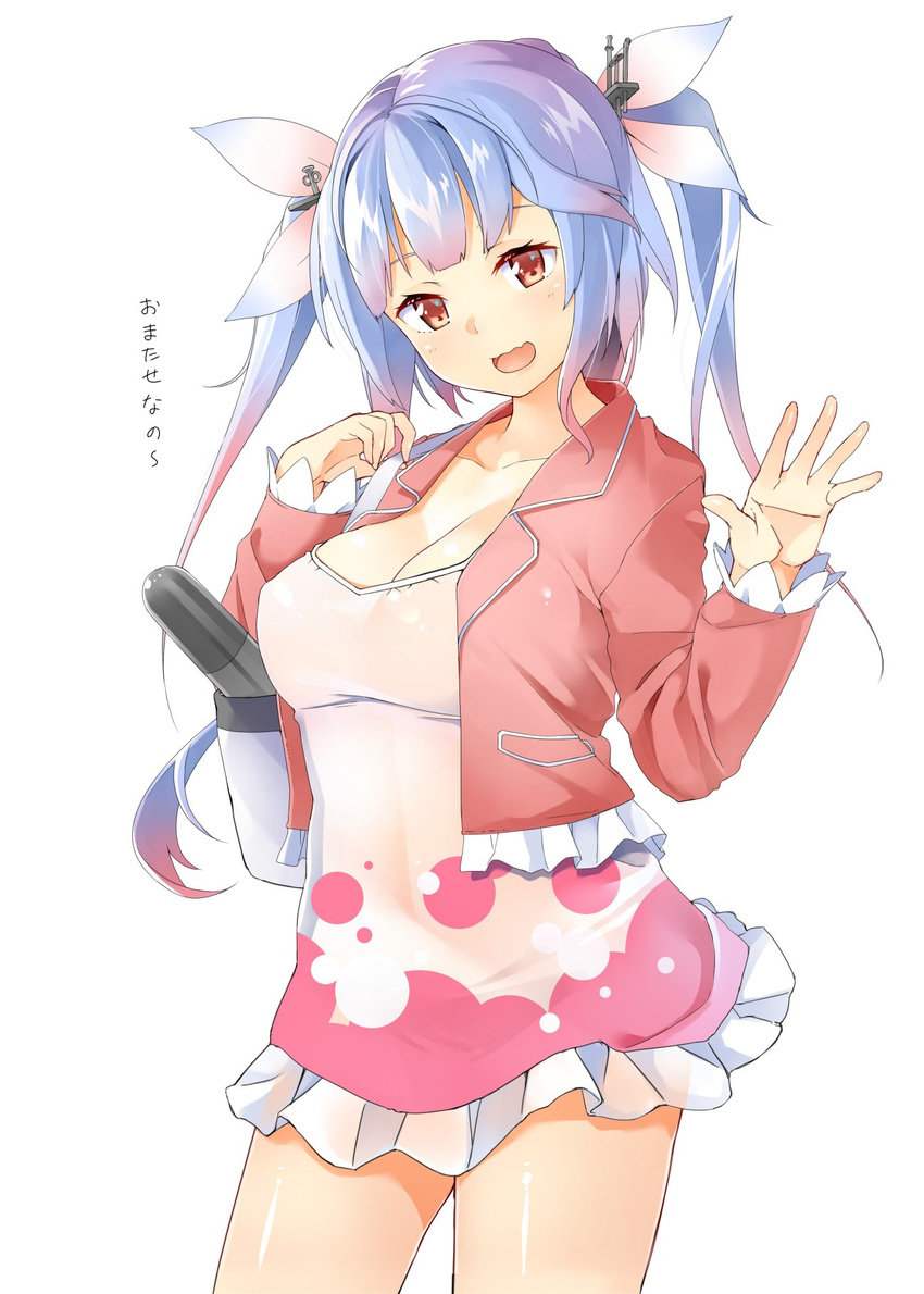 :d alternate_costume bag bangs blazer blouse blue_hair blunt_bangs breasts byte_(allbyte) cleavage collarbone hair_ribbon highres i-19_(kantai_collection) jacket kantai_collection large_breasts long_hair long_sleeves looking_at_viewer open_mouth red_eyes ribbon shoulder_bag smile solo torpedo translated twintails waving