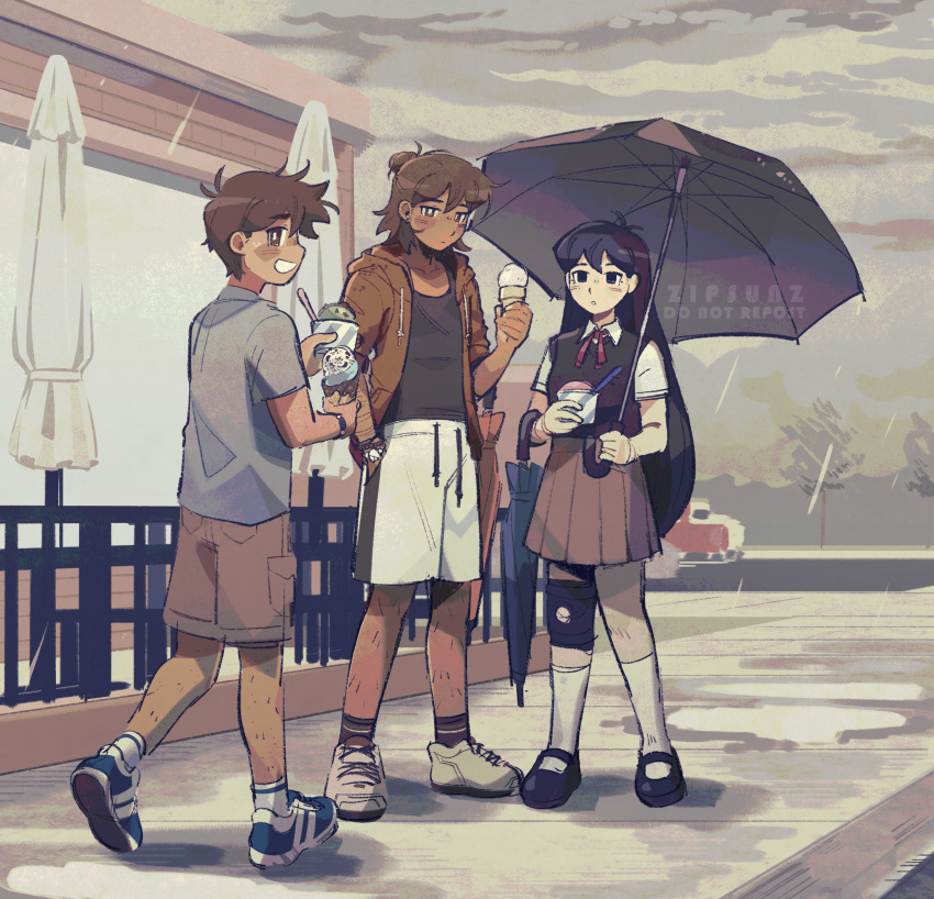 1girl 2boys absurdres artist_name black_eyes black_footwear black_hair black_sweater_vest blush brown_eyes brown_hair closed_mouth collared_shirt dark-skinned_male dark_skin hand_in_pocket hero_(faraway)_(omori) hero_(omori) highres holding holding_umbrella kel_(faraway)_(omori) kel_(omori) long_hair looking_at_another mari_(faraway)_(omori) mari_(omori) multiple_boys omori open_mouth pleated_skirt red_skirt shirt shoes short_hair short_sleeves shorts skirt sneakers socks sweater_vest umbrella watermark white_footwear white_shirt white_shorts white_socks zipsunz