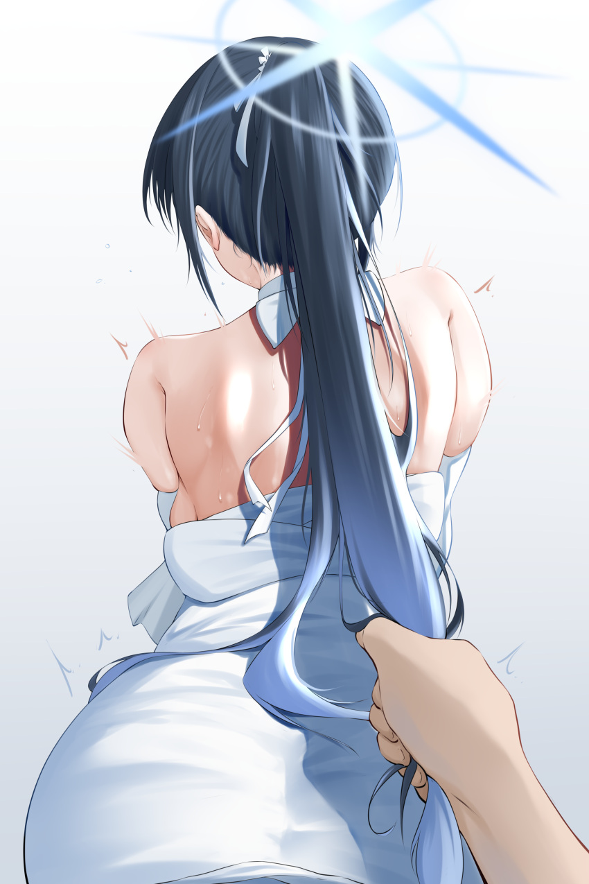1boy 1girl absurdres back bare_shoulders black_hair blue_archive bow breasts clothes_lift dress dress_lift from_behind grabbing_another's_hair halo hetero highres implied_sex j.c.14 large_breasts long_hair out-of-frame_censoring ponytail pov saori_(dress)_(blue_archive) sideboob simple_background skindentation sweat white_background white_bow white_dress