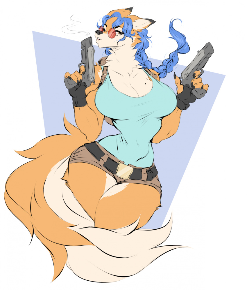 anthro blue_hair bottomwear braided_hair breasts canid canine carmelita_fox cheek_tuft cleavage clothed clothing dullvivid facial_tuft female fingerless_gloves fluffy fluffy_tail fox fur gloves gun hair half-closed_eyes handgun handwear hi_res hotpants mammal narrowed_eyes neck_tuft orange_body orange_fur pistol ranged_weapon shirt shorts sly_cooper_(series) solo sony_corporation sony_interactive_entertainment sucker_punch_productions tail tan_body tan_fur tank_top tinted_glasses tomb_raider topwear tuft weapon