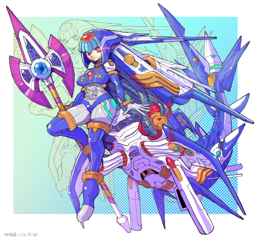 1girl android breasts fairy_leviathan_(mega_man) forehead_jewel glowing glowing_eyes helmet highres holding holding_polearm holding_weapon large_breasts mecha mechanical_tail mega_man_(series) mega_man_x_(series) mega_man_x_dive mega_man_zero_(series) mermaid monster_girl oomasa_teikoku polearm red_eyes robot robot_girl spear tail weapon