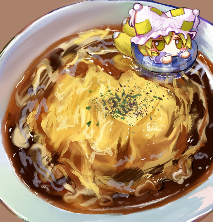 1girl afloat animal_hat blonde_hair blush_stickers bowl commentary egg_(food) food food_focus fox_tail fumo_(doll) hat highres in_food innertube long_sleeves looking_at_viewer mini_person minigirl mob_cap multiple_tails noodles original solo soup swim_ring symbol-only_commentary tail touhou yakumo_ran yakumora_n yellow_eyes