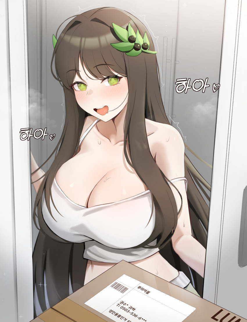 1girl absurdres black_survival blush box breasts brown_hair camisole cleavage doorway eternal_return:_black_survival green_eyes gweon_sua hair_ornament highres kisa_(leg3043) large_breasts leaf_hair_ornament long_hair looking_at_viewer open_door open_mouth pov_doorway smile solo strap_slip teeth trembling upper_teeth_only very_long_hair white_camisole