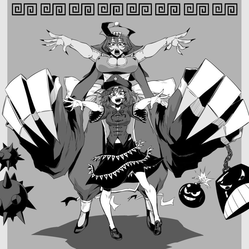 2girls :d absurdres ball_and_chain_(weapon) bomb breasts cabbie_hat chain chinese_clothes claws cleavage commentary_request crossover explosive fingernails full_body greyscale hair_between_eyes hat hat_ornament height_difference highres jiangshi lace-trimmed_sleeves lace_trim large_breasts lei_lei long_bangs looking_at_viewer meandros medium_bangs medium_breasts medium_hair miyako_yoshika monochrome multiple_girls neck_ribbon ofuda open_mouth outstretched_arms qingdai_guanmao ribbon sharp_fingernails sharp_teeth short_sleeves smile spiked_ball_and_chain standing star_(symbol) star_hat_ornament tangzhuang teeth touhou trait_connection vampire_(game) wide_sleeves yuuyuu_zenn zombie_pose