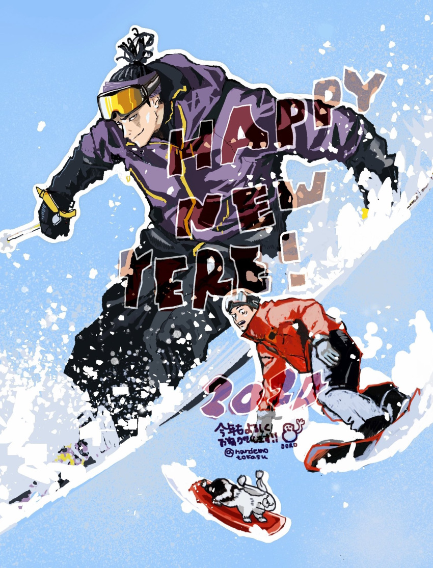 2boys alternate_costume black_hair full_body goggles goggles_on_head happy_new_year highres itadori_yuuji jujutsu_kaisen male_focus multiple_boys nandemotokasu pants scar scar_across_eye short_hair sideburns skateboard skateboarding skating snow split_screen toudou_aoi_(jujutsu_kaisen) undercut