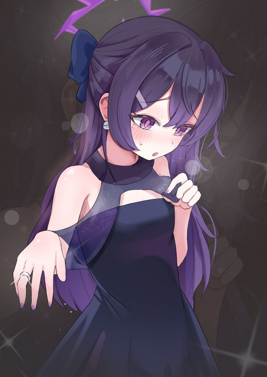 1girl absurdres bare_shoulders blue_archive blush brown_background commentary dress earrings hair_ornament hairclip halo hands_up haruka_(blue_archive) haruka_(dress)_(blue_archive) high_(hgih) highres jewelry long_hair looking_down open_mouth purple_dress purple_eyes purple_hair purple_halo purple_nails ring solo wedding_ring