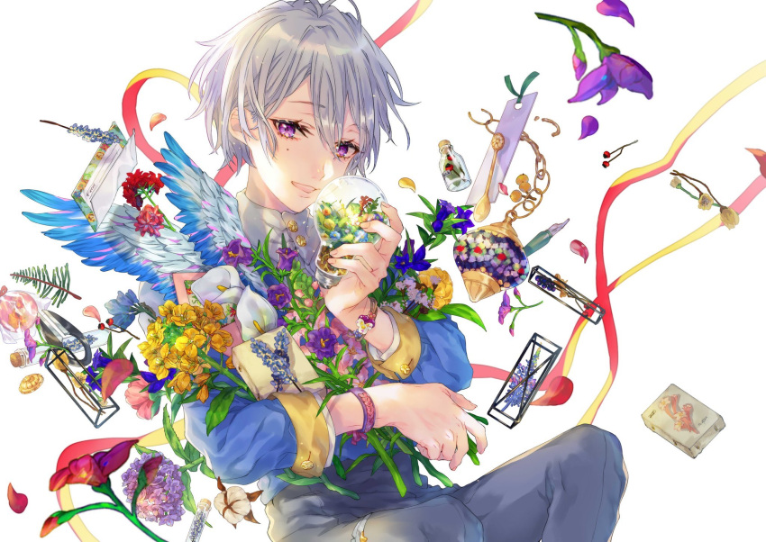 1boy antenna_hair belt bishounen blue_jacket blue_sleeves bottled_star bouquet buttons check_copyright commentary_request copyright_request cowboy_shot eyelashes flower flower_request grey_hair grey_pants high-waist_pants highres holding holding_bouquet jacket knees_up layered_sleeves long_sleeves looking_at_viewer male_focus mole mole_under_eye nasso0810 object_request open_mouth original ornament pants purple_bracelet purple_eyes red_flower red_ribbon ribbon shirt short_hair smile snow_globe solo teeth thigh_belt thigh_strap turtleneck_shirt two-tone_ribbon upper_teeth_only white_background white_belt white_flower white_shirt white_wings wings wrist_flower yellow_flower yellow_ribbon