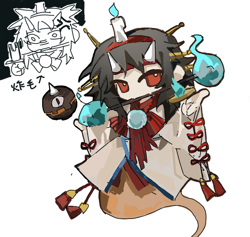 1other aaayamitsu androgynous black_hair blue_fire burabura candle_on_head chibi chinese_text commentary fire ghost_tail hair_ornament hairband hairclip headband highres horns japanese_clothes kimono len'en long_hair long_sleeves mouth_hold no_sclera object_on_head other_focus red_eyes red_hairband red_headband red_ribbon ribbon simple_background sketch symbol-only_commentary taira_no_chouki tassel translation_request white_background white_horns white_kimono wide_sleeves