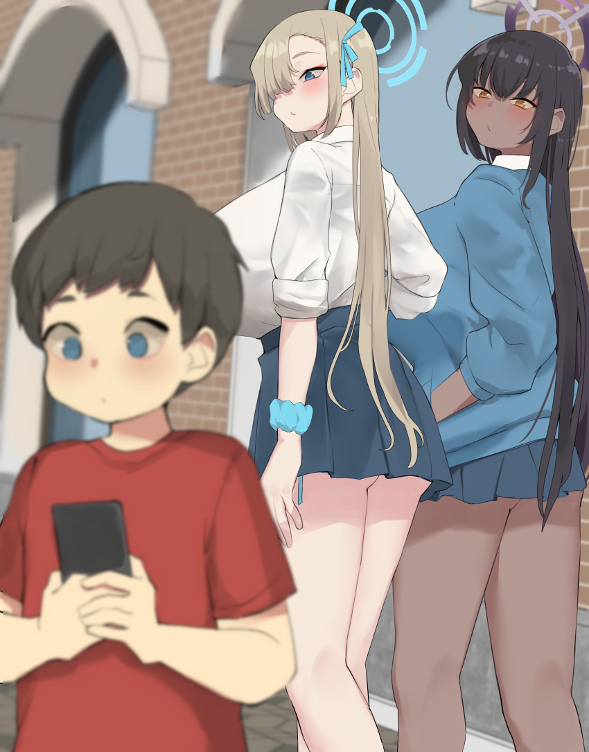 1boy 2girls absurdres age_difference asuna_(blue_archive) black_hair blonde_hair blue_archive blue_halo blue_jacket blue_skirt blurry blurry_foreground blush breasts brick_wall commentary cowboy_shot distracted_boyfriend_(meme) from_behind gigantic_breasts halo hand_in_pocket highres jacket karin_(blue_archive) kneepits long_hair long_sleeves looking_back meme minggoo multiple_girls outdoors pleated_shirt puckered_lips purple_halo red_shirt scrunchie shirt short_hair short_sleeves skirt symbol-only_commentary thighs white_shirt window wrist_scrunchie yellow_eyes