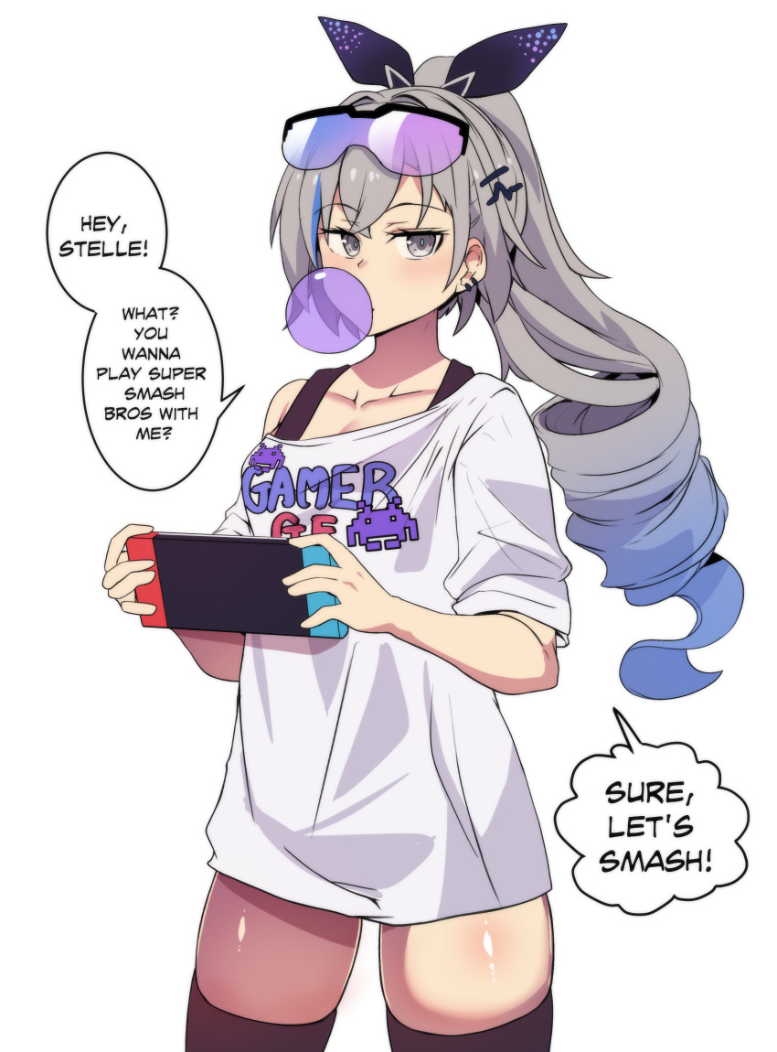 1girl absurdres alternate_costume commentary gradient_hair grey_eyes grey_hair handheld_game_console highres hinghoi holding holding_handheld_game_console honkai:_star_rail honkai_(series) long_hair multicolored_hair nintendo_switch silver_wolf_(honkai:_star_rail) simple_background solo very_long_hair white_background