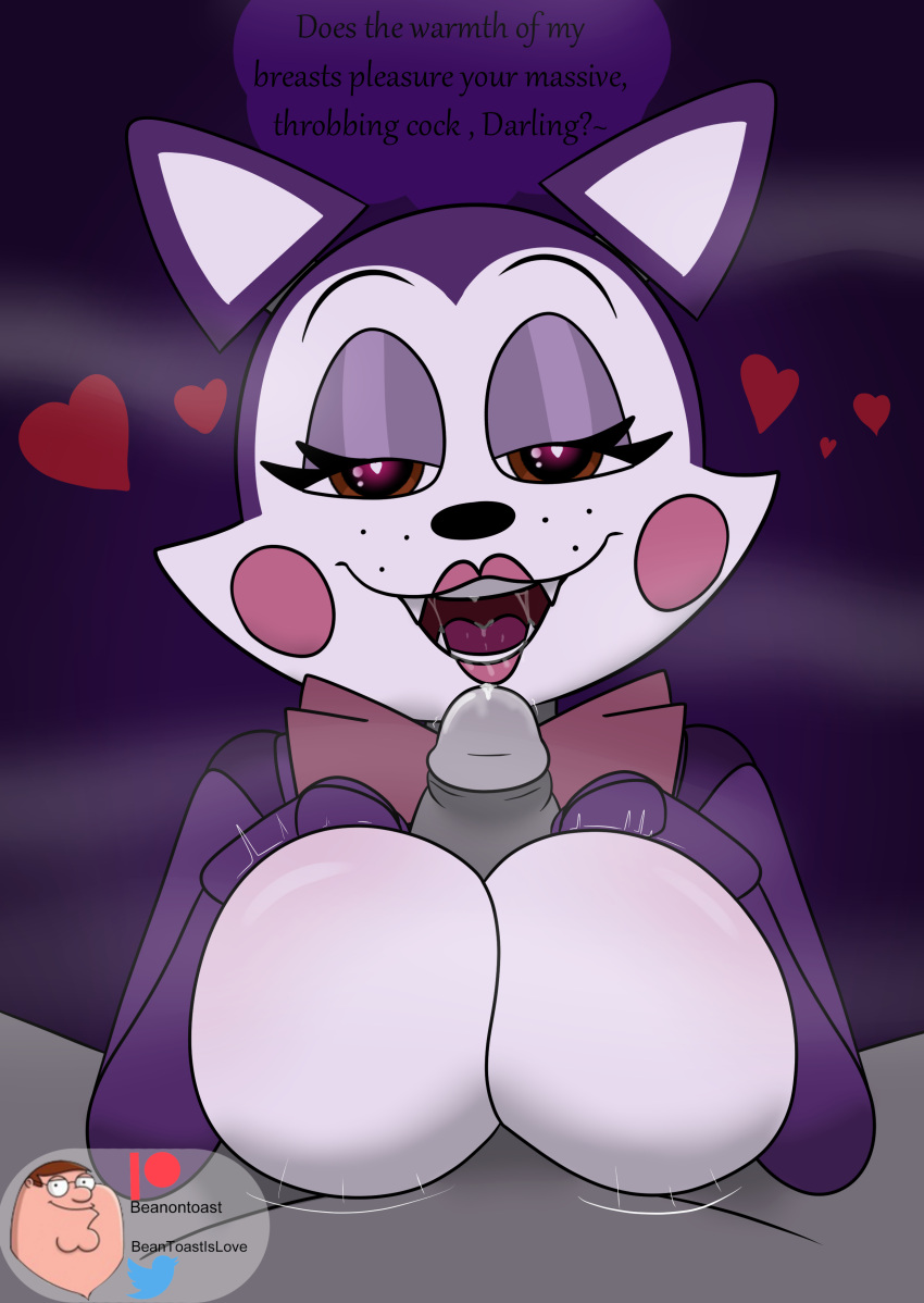 &lt;3 &lt;3_eyes 2023 absurd_res animatronic anthro artist_name beanontoast big_breasts bodily_fluids bow_tie breast_play breasts brown_eyes cindy_(fnac) curvy_figure dialogue digital_drawing_(artwork) digital_media_(artwork) domestic_cat duo english_text erection eyelashes featureless_breasts felid feline felis female first_person_view five_nights_at_candy's genital_fluids genitals hi_res machine male male/female male_pov mammal motion_lines multicolored_body open_mouth open_smile penis precum purple_body robot saliva sex simple_background smile text titfuck two_tone_body voluptuous watermark white_body