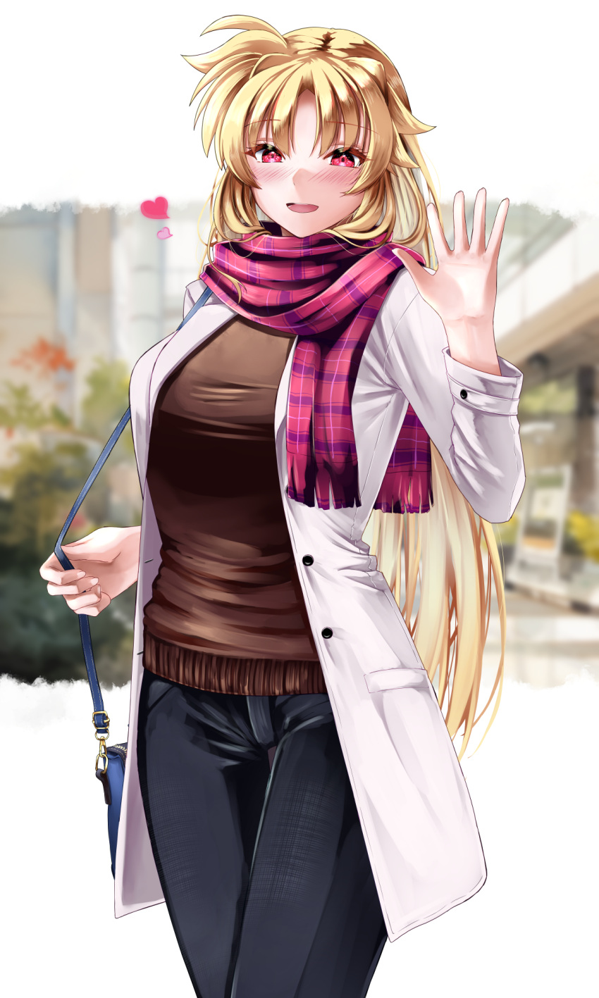 1girl bag black_pants blonde_hair blush blush_stickers brown_sweater casual fate_testarossa handbag heart highres jacket long_hair lyrical_nanoha mahou_shoujo_lyrical_nanoha_strikers open_mouth outdoors pants plaid plaid_scarf red_eyes red_scarf scarf smile solo sougetsu_izuki sweater waving white_jacket