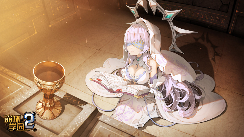 1girl bare_shoulders benghuai_xueyuan blindfold book breasts cleavage copyright_name cup detached_sleeves elbow_gloves famine_apocalypse_(benghuai_xueyuan) full_body gloves halo_behind_head highres holding holding_book honkai_(series) indoors logo long_hair nun official_art open_book purple_eyes second-party_source seiza shadow sitting smile solo veil