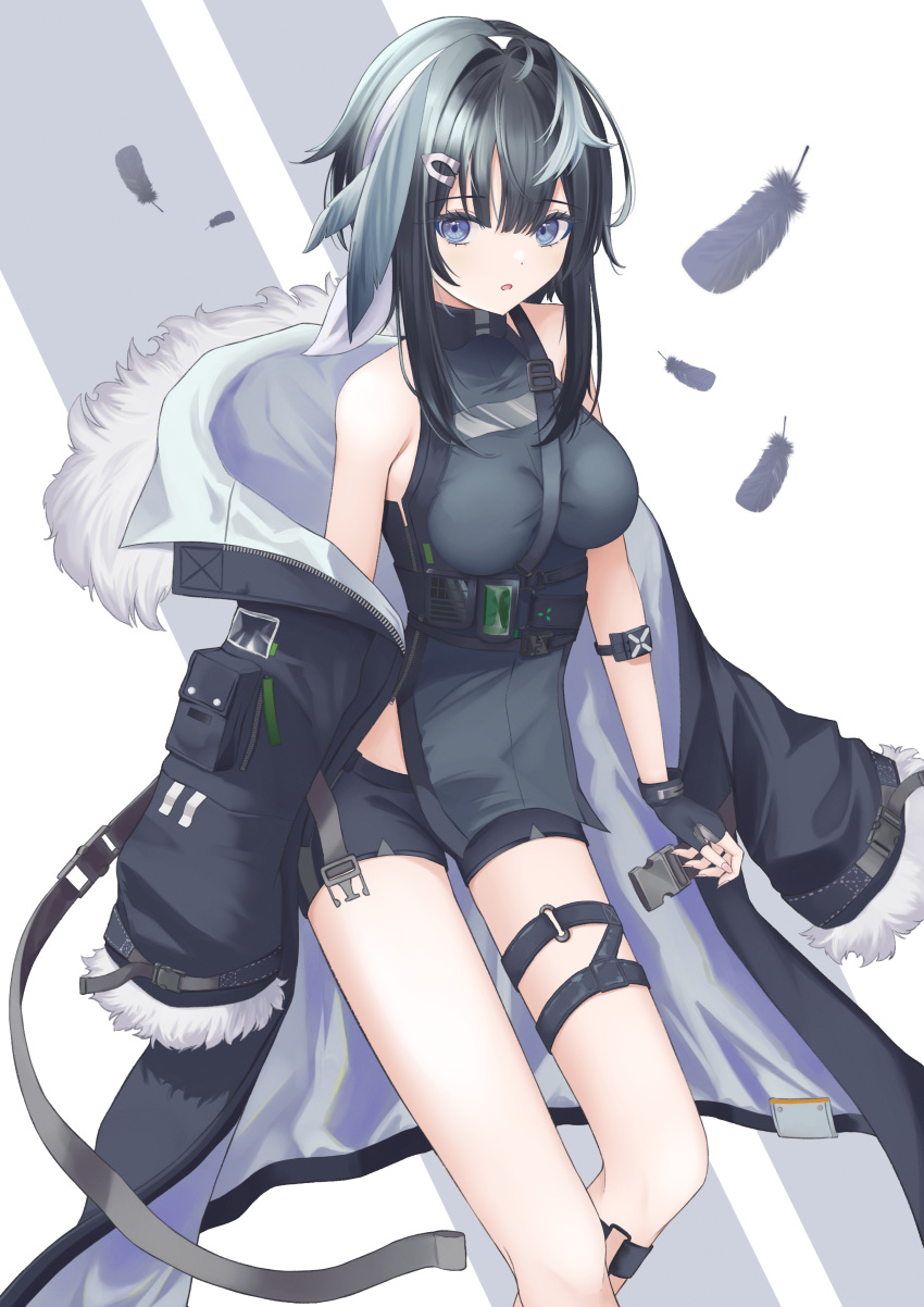 1girl :o absurdres arknights bare_shoulders between_breasts black_feathers black_gloves black_hair black_shorts breasts buckle expressionless feather_hair feathers feet_out_of_frame fingerless_gloves fingernails fur-trimmed_jacket fur_trim gloves grey_eyes hair_between_eyes hair_ornament hairclip highres jacket la_pluma_(arknights) looking_at_viewer medium_hair off_shoulder open_mouth shirt shorts sideways_glance simple_background sleeveless sleeveless_shirt snap-fit_buckle solo strap_between_breasts thigh_strap two-sided_fabric two-sided_jacket usanui_nuinui white_background zipper