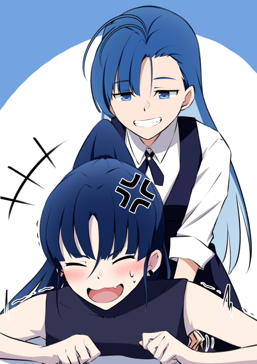 2girls ado_(utaite) ahoge anger_vein asymmetrical_bangs black_shirt blue_eyes blue_hair blue_pants blue_ribbon blue_vest blush clenched_teeth closed_eyes cloud_nine_inc collared_shirt commentary_request company_connection covered_collarbone dress_shirt fang highres long_hair merry_(ado) multiple_girls naima_(ado) neck_ribbon nori_(norinori_yrl) open_mouth pants ponytail readymade_(ado) ribbon shirt sleeveless sleeveless_shirt sleeves_past_elbows tearing_up teeth tickling trembling usseewa vest white_shirt