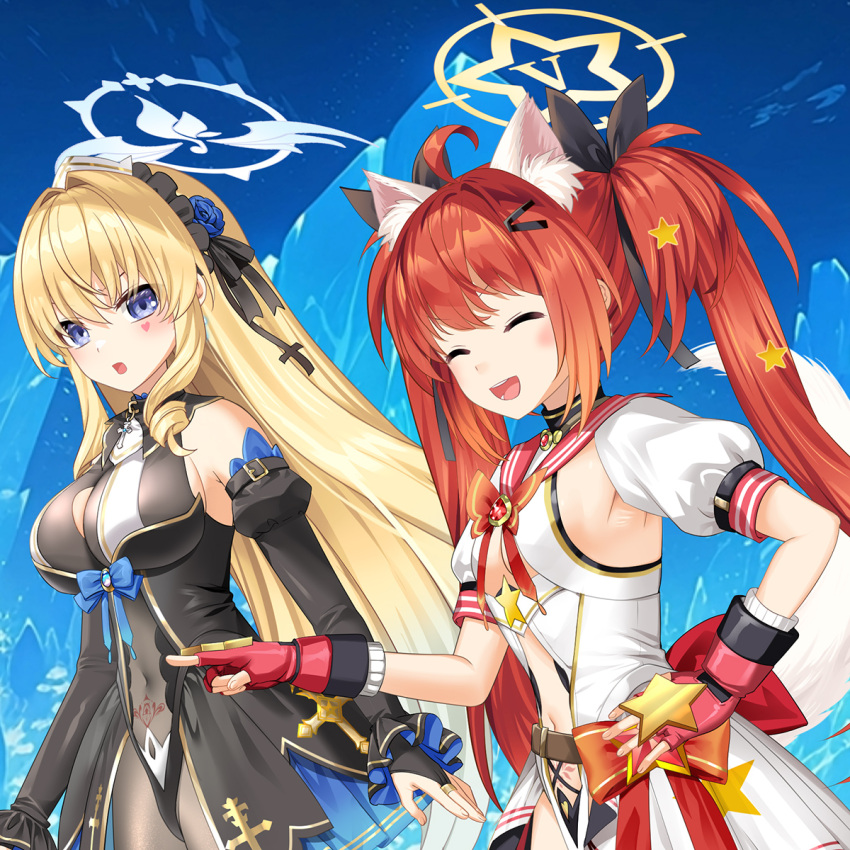 2girls :d ^_^ ahoge animal_ear_fluff animal_ears bare_shoulders black_dress black_ribbon black_sleeves blonde_hair blue_eyes blush breasts bridal_gauntlets closed_eyes commentary_request detached_sleeves dress gloves hair_between_eyes hair_intakes hair_ornament hair_ribbon hairclip halo hand_on_own_hip highres juliet_sleeves large_breasts long_hair long_sleeves multiple_girls mvv original pointing puffy_sleeves red_gloves red_hair red_sailor_collar ribbon sailor_collar sailor_dress smile tail twintails very_long_hair white_dress