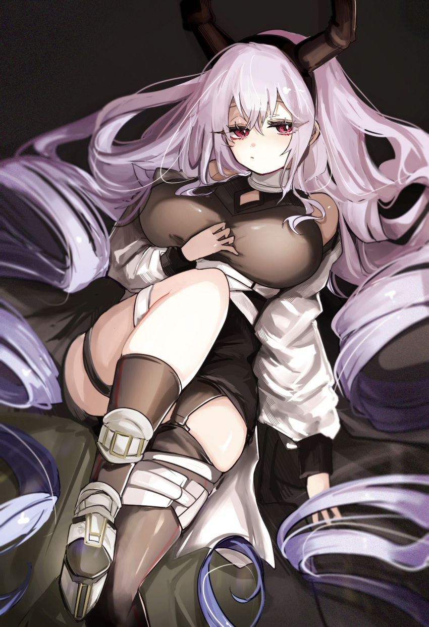 1girl arknights asymmetrical_legwear bare_shoulders black_background black_footwear black_hairband black_shirt black_socks black_thighhighs breasts closed_mouth coat crossed_bangs drill_hair expressionless foot_out_of_frame garter_straps hair_between_eyes hairband hand_up highres horns knee_up kneehighs large_breasts long_hair long_sleeves looking_at_viewer mismatched_legwear off_shoulder purple_eyes purple_hair renka_(renxka) shirt sidelocks single_garter_strap single_kneehigh single_sock single_thighhigh sleeveless sleeveless_shirt socks solo thighhighs typhon_(arknights) very_long_hair white_coat