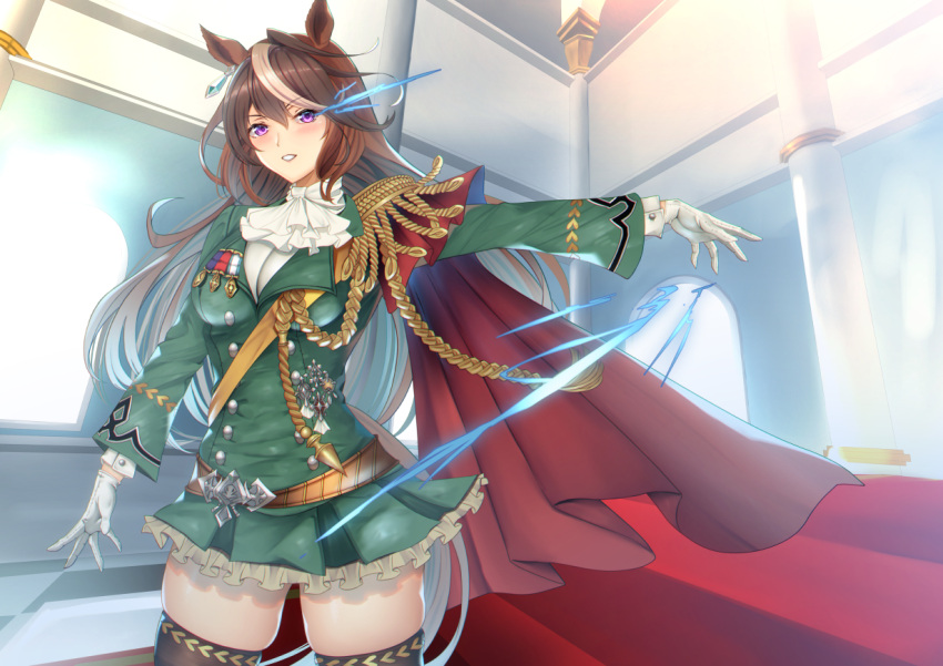 1girl aiguillette animal_ears black_thighhighs blush brown_hair cape commentary_request cowboy_shot earrings epaulettes green_jacket green_skirt hair_between_eyes horse_ears horse_girl horse_tail indoors jacket jewelry long_hair long_sleeves looking_at_viewer medal multicolored_hair parted_lips petals petticoat purple_eyes red_cape single_earring single_epaulette skirt smile solo streaked_hair symboli_rudolf_(umamusume) tail thighhighs tsukareme umamusume white_hair
