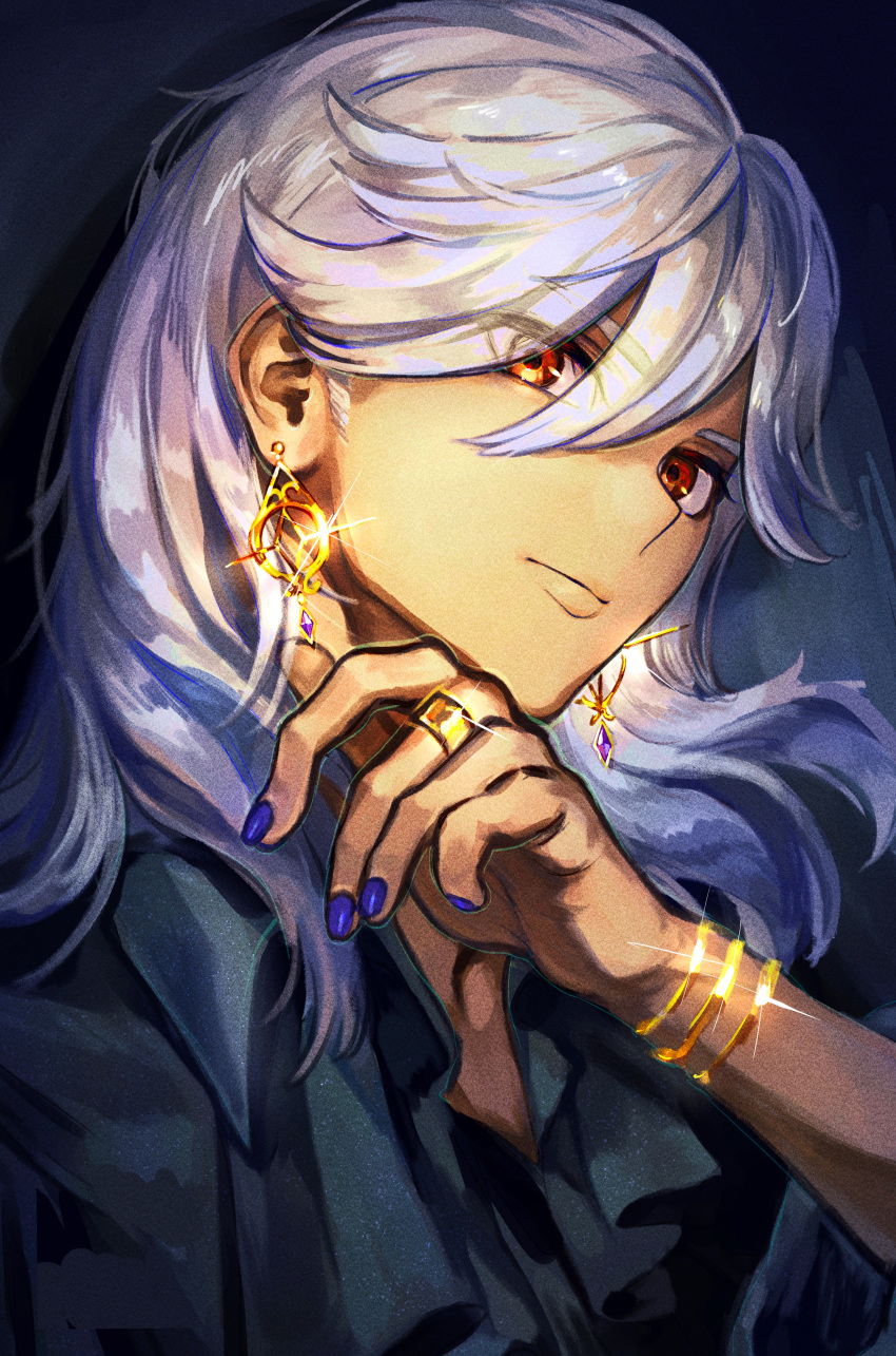 1boy absurdres bracelet closed_mouth collared_shirt commentary_request cyno_(genshin_impact) dark-skinned_male dark_skin earrings fingernails genshin_impact glint gold_bracelet gold_earrings grey_background grey_shirt hair_between_eyes hand_up head_tilt highres jewelry kam_om3 long_hair looking_at_viewer male_focus nail_polish parted_bangs purple_nails red_eyes ring shirt simple_background solo swept_bangs upper_body white_hair