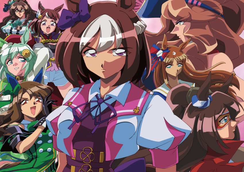 1990s_(style) 6+girls absurdres animal_ears anime_coloring aqua_eyes arm_behind_head black_gloves blue_bow blue_eyes bow braid brown_choker brown_eyes brown_hair choker commentary_request cropped_jacket domino_mask ear_bow ear_covers ear_ornament el_condor_pasa_(umamusume) flower french_braid gloves golden_generation_(umamusume) grass_wonder_(umamusume) green_flower green_hair green_rose hair_between_eyes hair_flower hair_ornament hairclip half_updo highres horse_ears horse_girl jacket king_halo_(umamusume) lapel_pin long_hair mask medium_hair mejiro_bright_(umamusume) montjeu_(umamusume) multicolored_hair multiple_girls neck_flower neck_ribbon ojou-sama_pose open_clothes open_jacket pink_background puffy_short_sleeves puffy_sleeves purple_bow purple_eyes purple_ribbon purple_sailor_collar red_eyes red_mask retro_artstyle ribbon rose sailor_collar seiun_sky_(umamusume) short_hair short_sleeves sidelocks sin_emu single_ear_cover special_week_(umamusume) tsurumaru_tsuyoshi_(umamusume) two-tone_hair umamusume wavy_hair white_hair white_jacket wing_hair_ornament