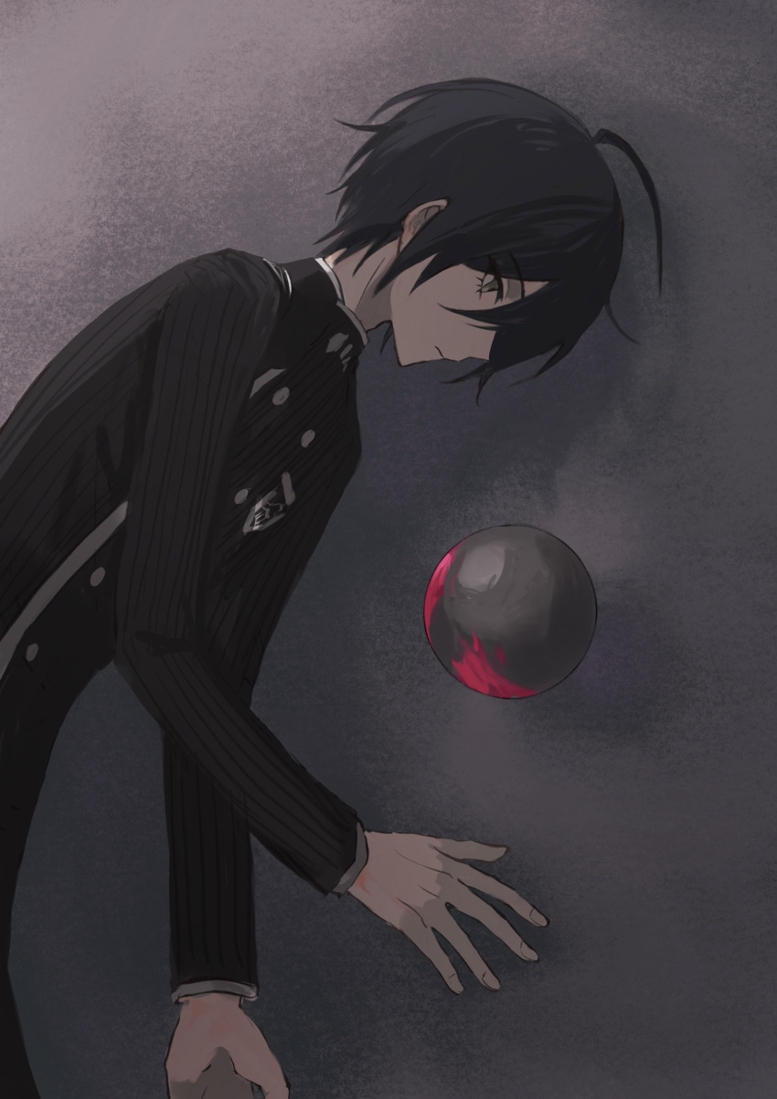 1boy absurdres ahoge ball black_hair black_jacket blood breast_pocket brown_eyes danganronpa_(series) danganronpa_v3:_killing_harmony fu_ga_(vivi912912) gradient_background highres jacket long_sleeves male_focus pink_blood pocket saihara_shuichi short_hair solo striped_clothes striped_jacket upper_body