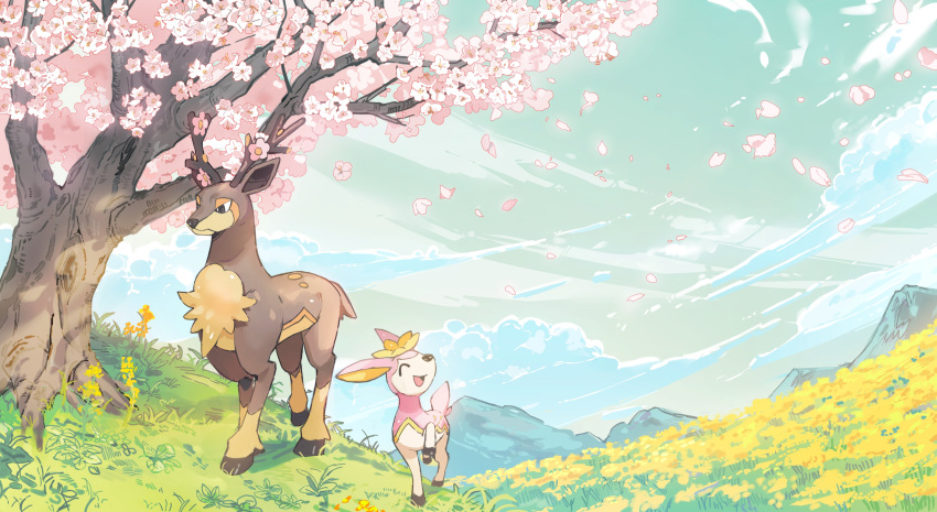 :d ^_^ absurdres aisutabetao animal_focus antlers blue_sky cherry_blossoms closed_eyes closed_mouth cloud commentary_request dark_skin deer deerling deerling_(spring) evolutionary_line highres horns mountain no_humans on_grass open_mouth pokemon pokemon_(creature) sawsbuck sawsbuck_(spring) sky smile tree walking