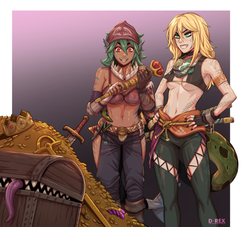 2girls :d bandana belt black_gloves black_nails black_pants blonde_hair breasts brown_belt cleavage coin commission crown d-rex dark-skinned_female dark_skin fingerless_gloves gem gloves gold gold_coin green_hair grin hands_on_own_hips holding holding_staff large_breasts long_hair medium_breasts mimic mimic_chest multiple_girls nail_polish navel original pants sharp_teeth smile staff stomach sword teeth treasure_chest weapon