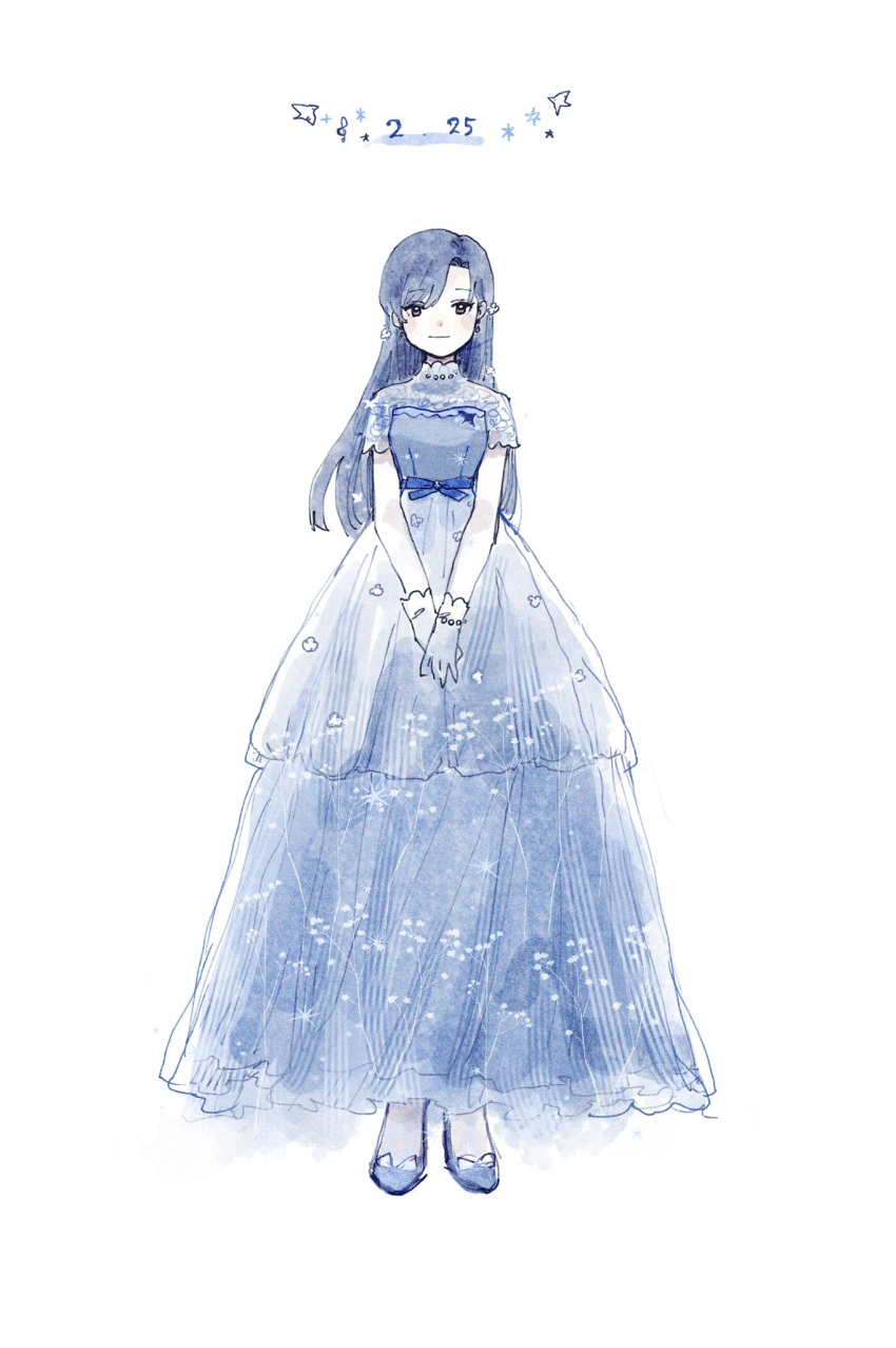 1girl asymmetrical_bangs blue_dress blue_footwear blue_hair brown_eyes dated dress earrings eyelashes happy_birthday high_heels highres idolmaster idolmaster_(classic) idolmaster_million_live! idolmaster_million_live!_theater_days jewelry kisaragi_chihaya long_hair nekozuka_(duka_nkdk) own_hands_together pale_skin sketch solo straight_hair swept_bangs white_background