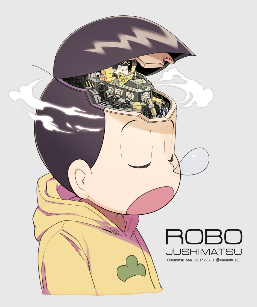 2boys character_name cup_ramen dual_persona garara382 grey_background highres hood hoodie humanoid_robot male_focus matsu_symbol matsuno_jyushimatsu mecha mechanization multiple_boys nose_bubble osomatsu-san reading robot science_fiction steam yellow_hoodie