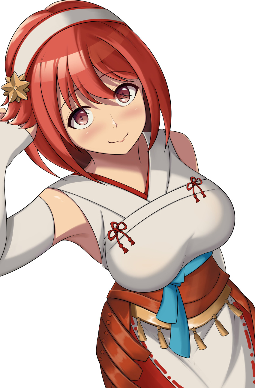 1girl absurdres breasts closed_mouth commentary commission detached_sleeves fire_emblem fire_emblem_fates from_above hairband highres large_breasts long_hair looking_at_viewer red_eyes red_hair sakura_(fire_emblem) scrapy simple_background smile solo tassel white_background white_hairband white_sleeves