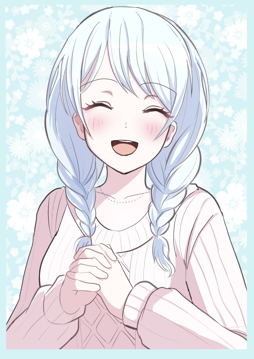 1girl ^_^ absurdres bang_dream! blush braid closed_eyes facing_viewer floral_background highres knit_sweater open_mouth own_hands_clasped own_hands_together smile solo twin_braids upper_body user_jxnk5728 wakamiya_eve white_hair