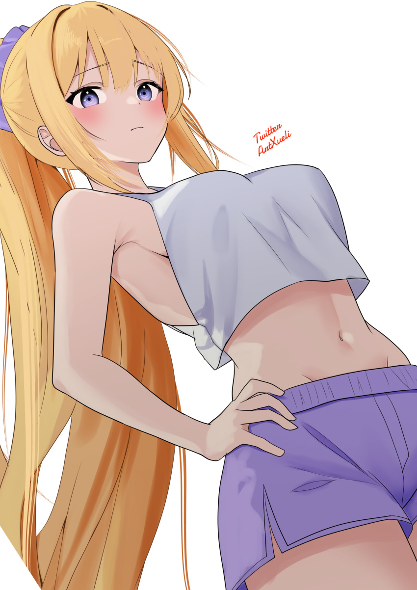 1girl absurdres bare_shoulders blonde_hair blush breasts hair_between_eyes highres karuizawa_kei medium_breasts navel pants ponytail purple_eyes purple_pants solo xueli_shimazaki youkoso_jitsuryoku_shijou_shugi_no_kyoushitsu_e