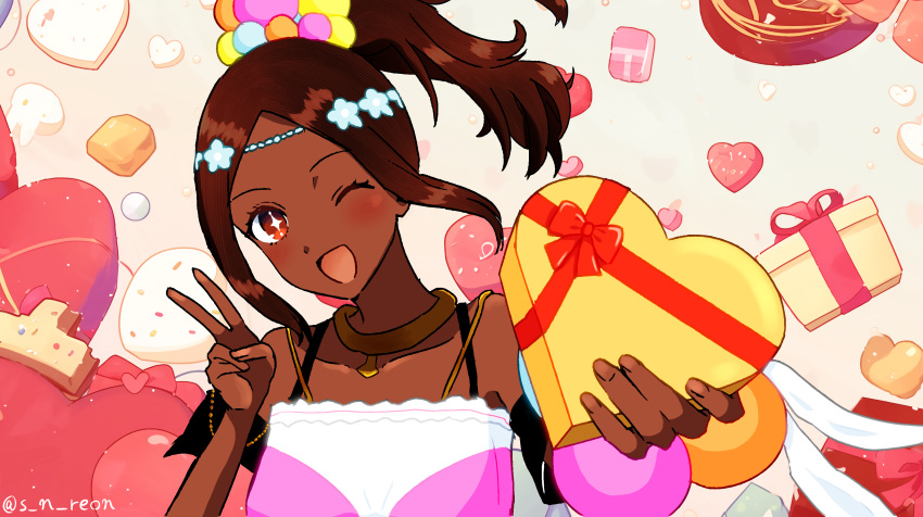 1girl ;d absurdres bare_shoulders box brown_hair cookie dark-skinned_female dark_skin fire_emblem fire_emblem_engage food gift gift_box heart-shaped_box highres holding holding_gift incoming_gift looking_at_viewer one_eye_closed open_mouth ponytail s_n_reon smile solo star-shaped_pupils star_(symbol) symbol-shaped_pupils timerra_(fire_emblem) upper_body v