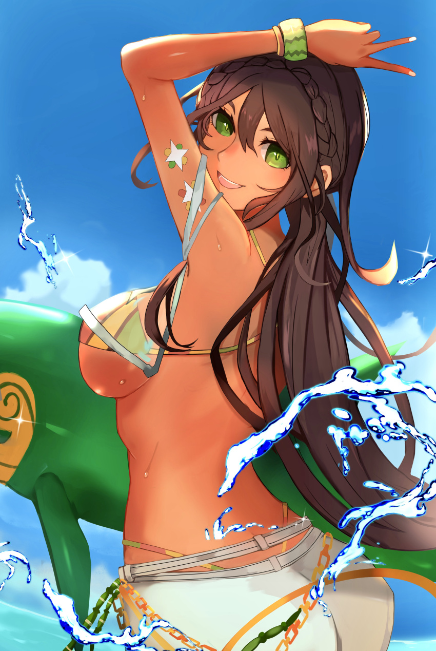 1girl absurdres andromeda_(fate) andromeda_(second_ascension)_(fate) ass back bandeau bare_shoulders bikini bikini_under_clothes blue_sky blush bracelet braid breasts brown_hair chain cross-laced_clothes crown_braid dark-skinned_female dark_skin denim fate/grand_order fate_(series) fumiyan green_eyes grey_pants highres inflatable_toy jeans jewelry large_breasts long_hair looking_at_viewer looking_back low_ponytail multicolored_bikini multicolored_clothes open_mouth pants rainbow_bikini see-through sidelocks sky smile solo swimsuit thighs v water