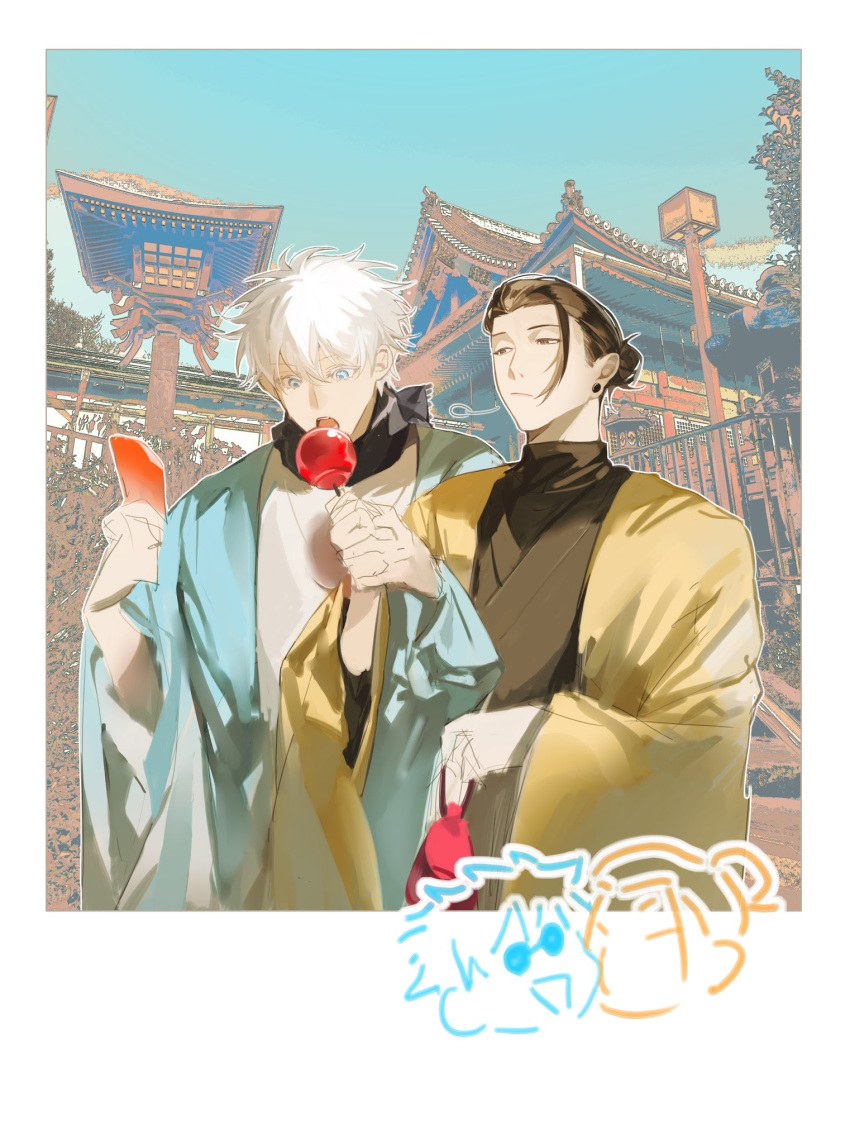 2boys bag black_hair black_shirt blue_eyes blue_hanfu candy chinese_clothes earrings food getou_suguru gojou_satoru hair_bun hanfu highres holding holding_bag holding_candy holding_food holding_lollipop jewelry jujutsu_kaisen licking lollipop lucis0407 multiple_boys outdoors pagoda shirt short_hair stud_earrings white_hair white_shirt yellow_hanfu