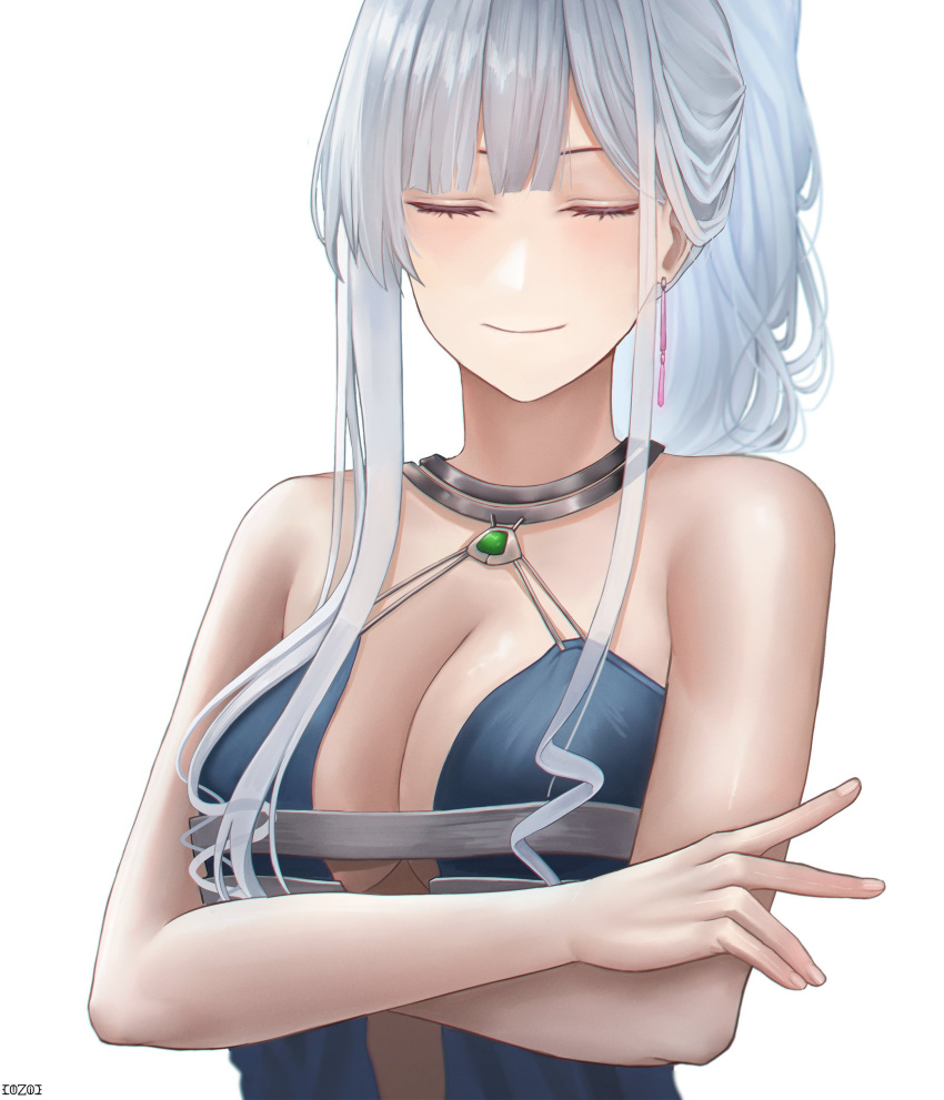 1girl absurdres ak-12_(girls'_frontline) ak-12_(quiet_azure)_(girls'_frontline) artist_name blue_dress breasts cleavage closed_eyes closed_mouth cozie178 crossed_arms dress girls'_frontline grey_hair halter_dress halterneck highres long_hair official_alternate_costume smile solo straight-on upper_body white_background