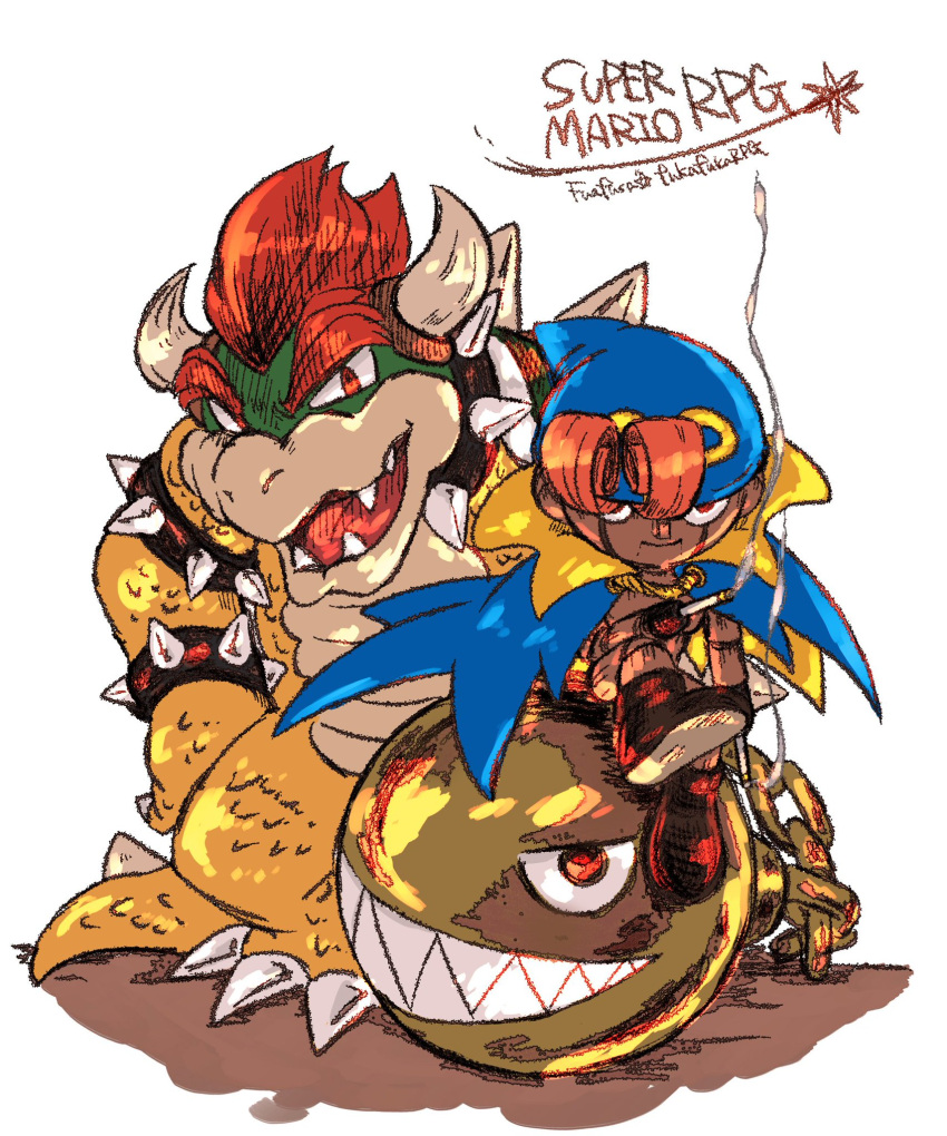 2boys artist_name blue_cape bowser cape chain_chomp commentary copyright_name fukafukarpg geno_(mario) highres horns looking_at_viewer mario_(series) multiple_boys open_mouth red_hair sharp_teeth simple_background smoke spikes super_mario_rpg symbol-only_commentary teeth white_background