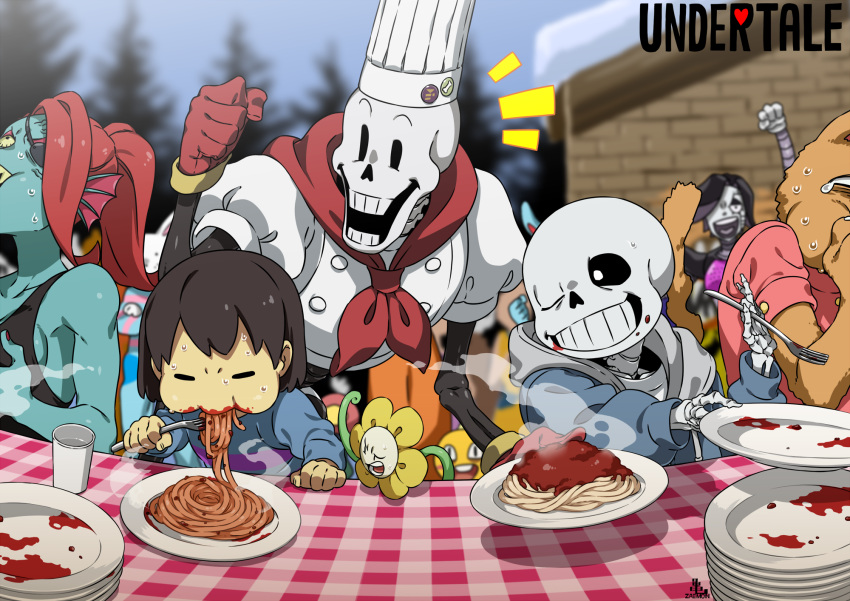 1girl 1other 3boys =_= androgynous black_sclera black_tank_top blue_jacket blue_skin blue_sweater blurry blurry_background brown_hair building bulging_eyes burgerpants cape cel_shading cheering chef_hat child clenched_hand colored_sclera colored_skin commentary copyright_name cup eating eating_contest eyepatch fins flowey_(undertale) food food_on_face fork frisk_(undertale) gloves grin hat head_fins highres holding holding_fork hood hood_down hooded_jacket jacket kamezaemon ketchup long_sleeves mettaton multiple_boys one_eye_closed open_mouth outdoors papyrus_(undertale) pasta pine_tree pink_shirt plate plate_stack ponytail red_cape red_gloves red_hair sans shirt short_hair short_sleeves skeleton smile spaghetti steam sweat sweater swept_bangs table tablecloth tank_top tearing_up tree undertale undyne upper_body